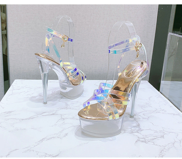 Korean Style Fashion Transparent Heel Crystal Heel Sweet Women's Shoes Summer Cross Strap Stiletto Sandals sissy