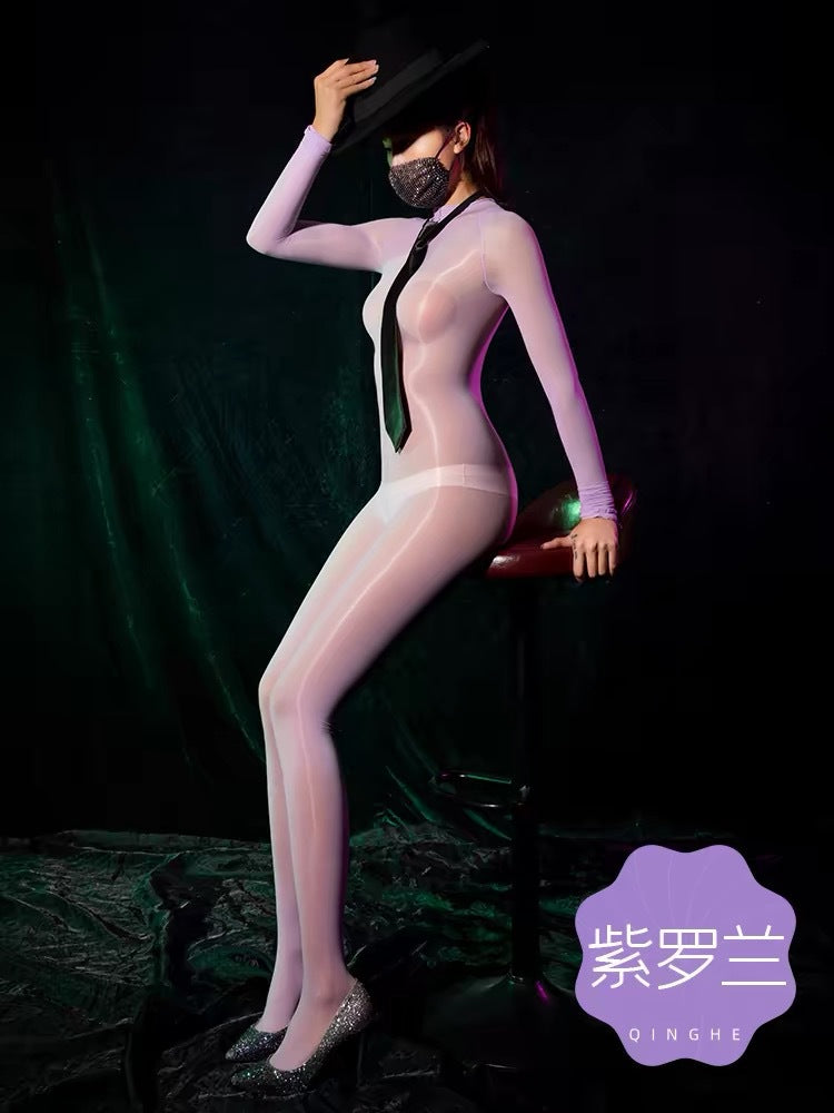 Horse Oil Bodysuit Sexy One-piece Stockings Black Silk Outer Seamless Oil Glossy Ultra-thin5D Mood Transvestite Full Body Stockings