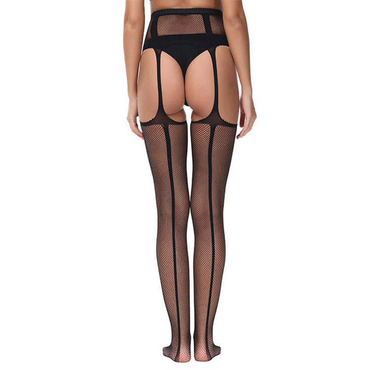 European and American Style Open Crotch Lace Transparent Suspender Black Silk Sexy Fishnet Stockings Non-Slip One-Piece Garter Belt for Women7546