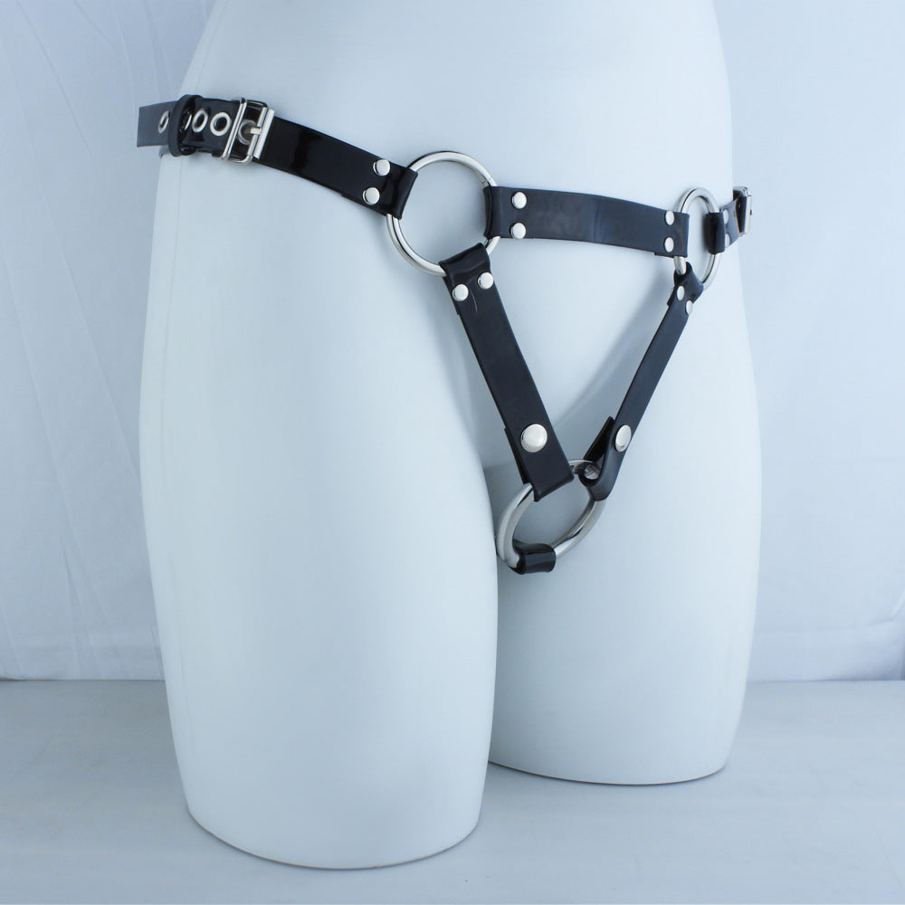 FRRK Black Shiny Leather Wearable Pants Chastity Lock Matching Leather Pants BDS Style M Code XL Adjustable Size Large Medium Small