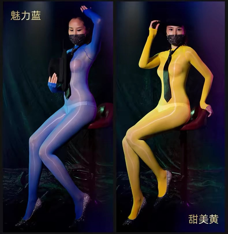 Horse Oil Bodysuit Sexy One-piece Stockings Black Silk Outer Seamless Oil Glossy Ultra-thin5D Mood Transvestite Full Body Stockings