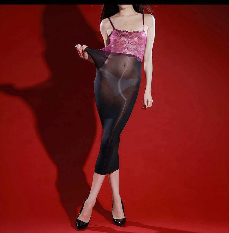 Sexy Seamless Strapless Camisole Sheer Long Dress5D Ultra-thin Glossy Silky Tight-fitting Bed Temptation Plus-size Nightdress for Women