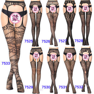 European and American Style Open Crotch Lace Transparent Suspender Black Silk Sexy Fishnet Stockings Non-Slip One-Piece Garter Belt for Women7552