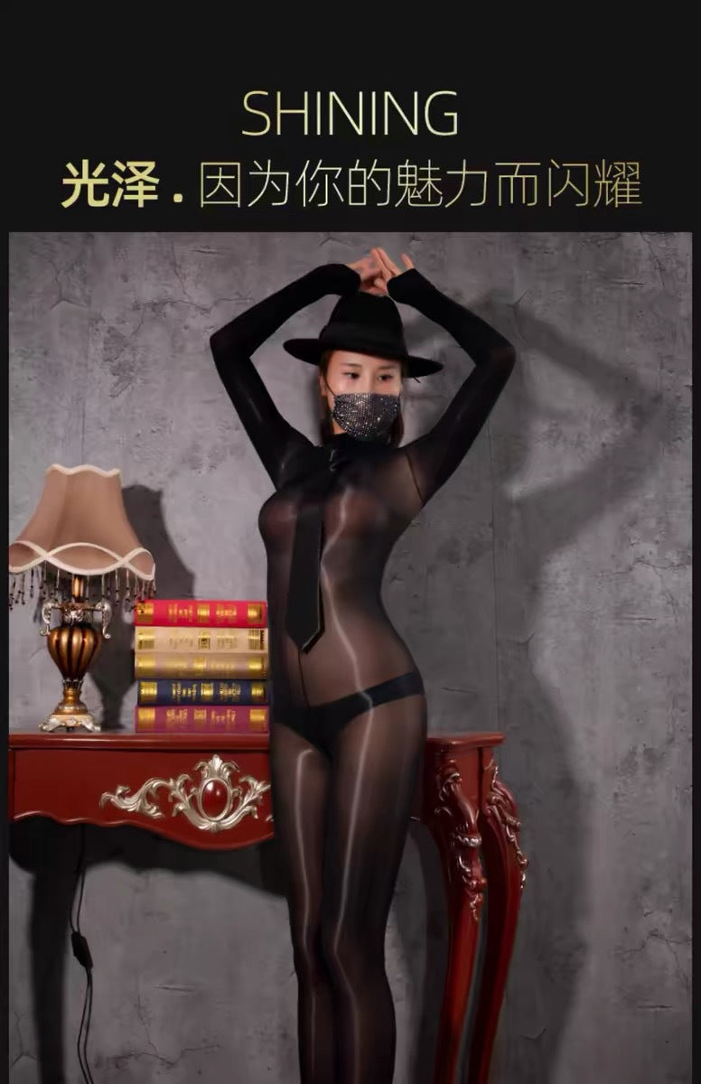 Horse Oil Bodysuit Sexy One-piece Stockings Black Silk Outer Seamless Oil Glossy Ultra-thin5D Mood Transvestite Full Body Stockings