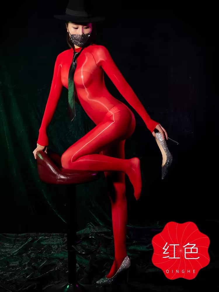 Horse Oil Bodysuit Sexy One-piece Stockings Black Silk Outer Seamless Oil Glossy Ultra-thin5D Mood Transvestite Full Body Stockings