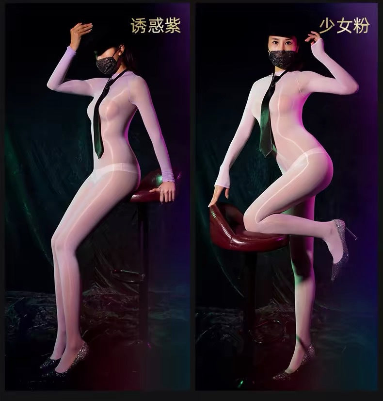 Horse Oil Bodysuit Sexy One-piece Stockings Black Silk Outer Seamless Oil Glossy Ultra-thin5D Mood Transvestite Full Body Stockings