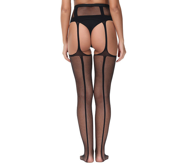 European and American Style Open Crotch Lace Transparent Suspender Black Silk Sexy Fishnet Stockings Non-Slip One-Piece Garter Belt for Women7546