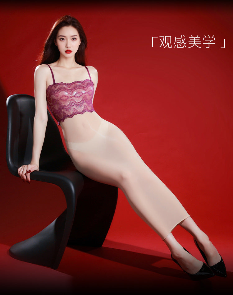 Sexy Seamless Strapless Camisole Sheer Long Dress5D Ultra-thin Glossy Silky Tight-fitting Bed Temptation Plus-size Nightdress for Women