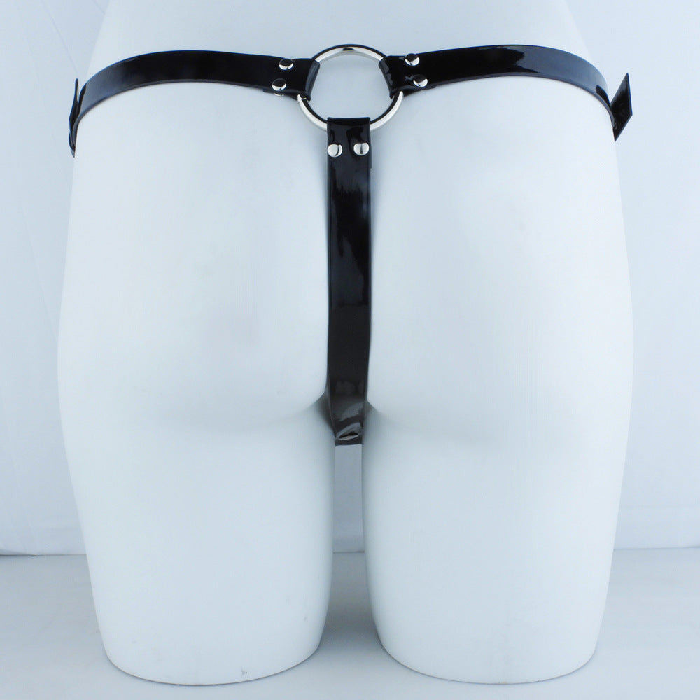 FRRK Black Shiny Leather Wearable Pants Chastity Lock Matching Leather Pants BDS Style M Code XL Adjustable Size Large Medium Small
