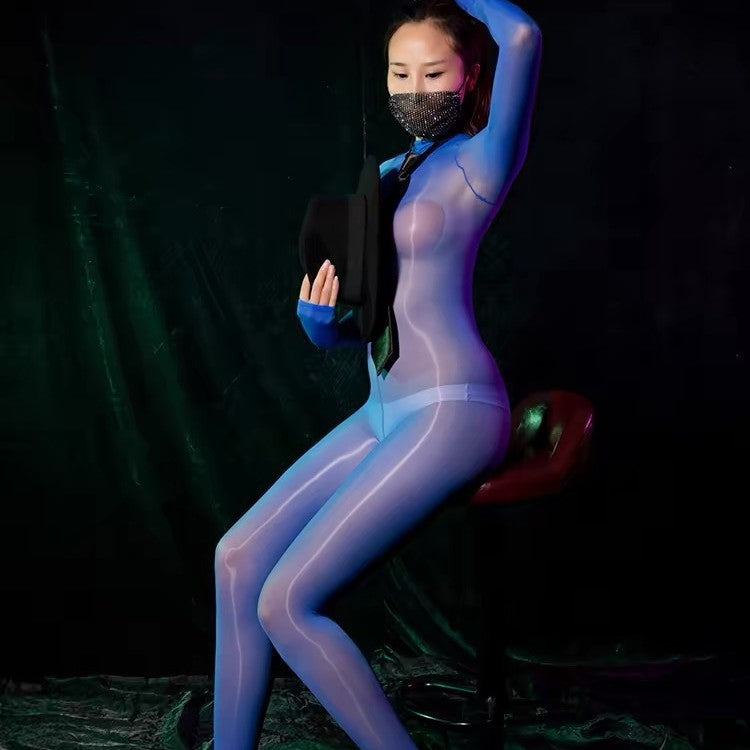 Horse Oil Bodysuit Sexy One-piece Stockings Black Silk Outer Seamless Oil Glossy Ultra-thin5D Mood Transvestite Full Body Stockings