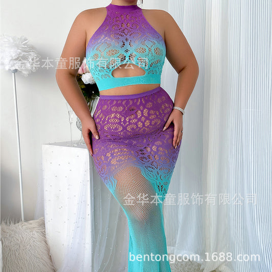 European and American Hot-Selling Long Dress Gradient Color Hollow Out Set Dress Purple to Blue Plus Size for Plus-Size Girls SH008