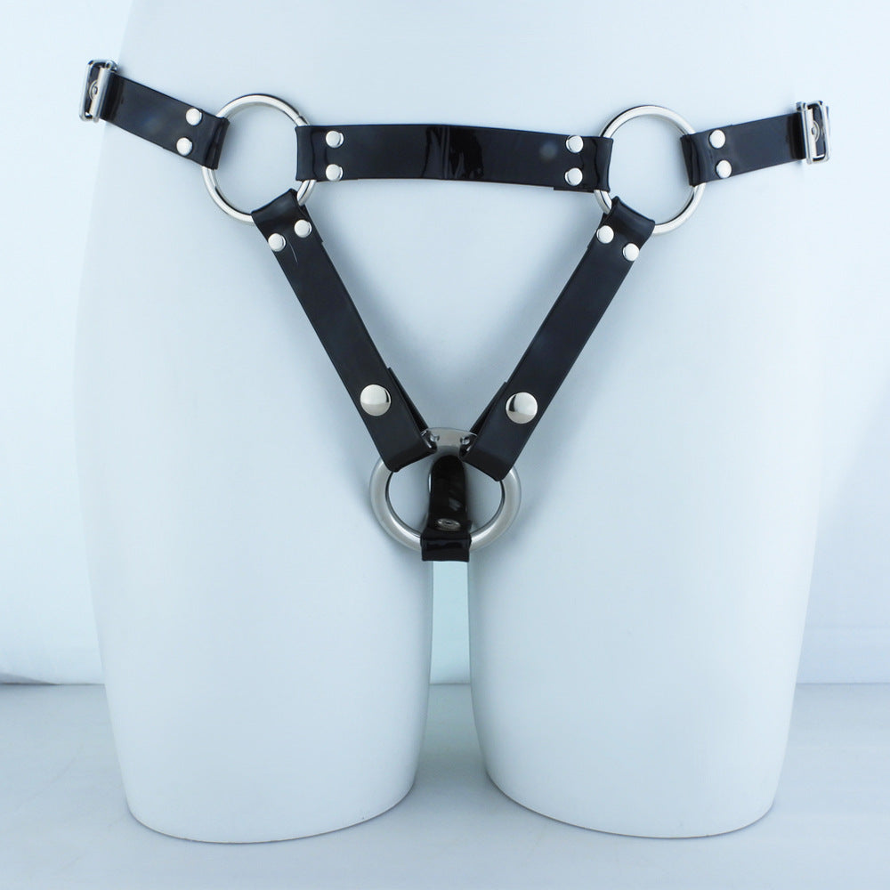 FRRK Black Shiny Leather Wearable Pants Chastity Lock Matching Leather Pants BDS Style M Code XL Adjustable Size Large Medium Small