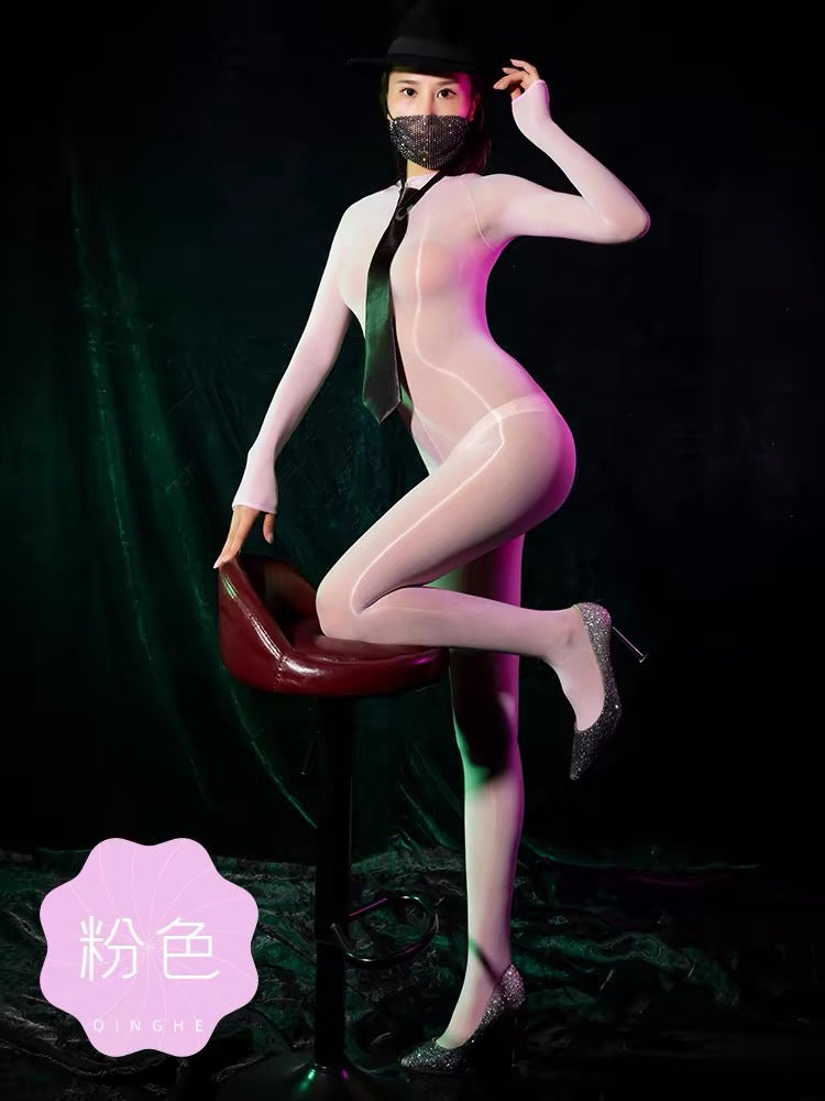 Horse Oil Bodysuit Sexy One-piece Stockings Black Silk Outer Seamless Oil Glossy Ultra-thin5D Mood Transvestite Full Body Stockings