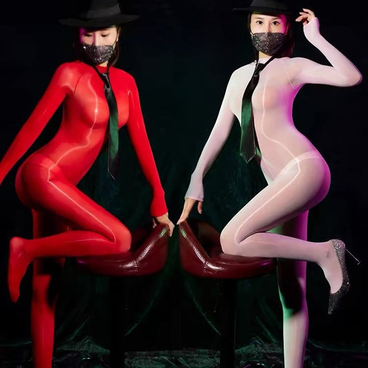 Horse Oil Bodysuit Sexy One-piece Stockings Black Silk Outer Seamless Oil Glossy Ultra-thin5D Mood Transvestite Full Body Stockings